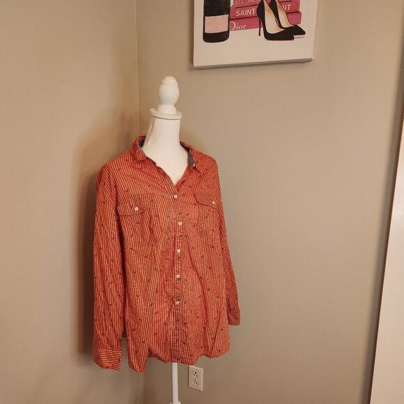 Orange and White Striped St. John's Bay Button Down with Small Butterflies - Picture 1 of 8